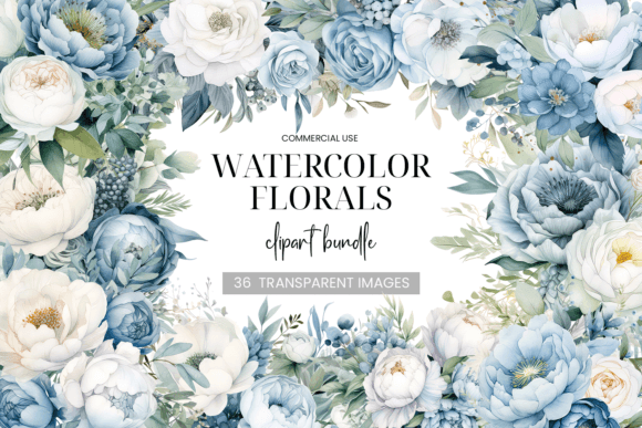 Download Blue &amp; White Floral Clipart Bundle - White floral Collection