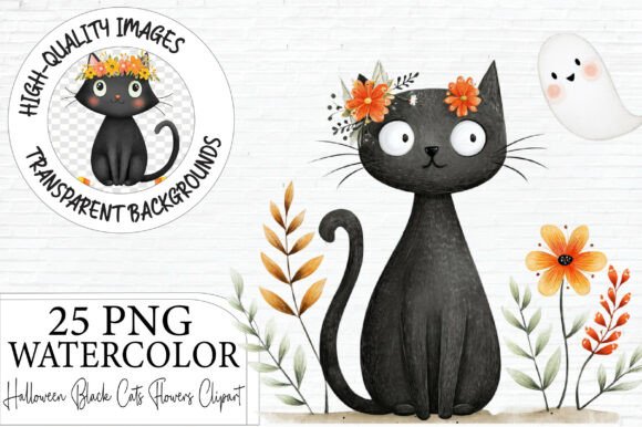 Download Halloween Black Cat Flowers Clipart - Premium Resources