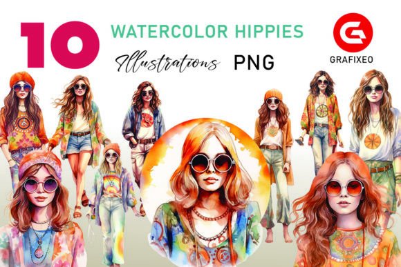 Download Hippie Girls 60s Watercolor Illustration - Illustration Collection