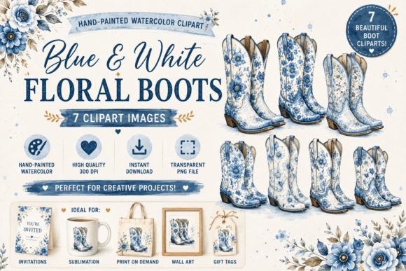 Download Blue and White Floral Western Boots - White floral Collection